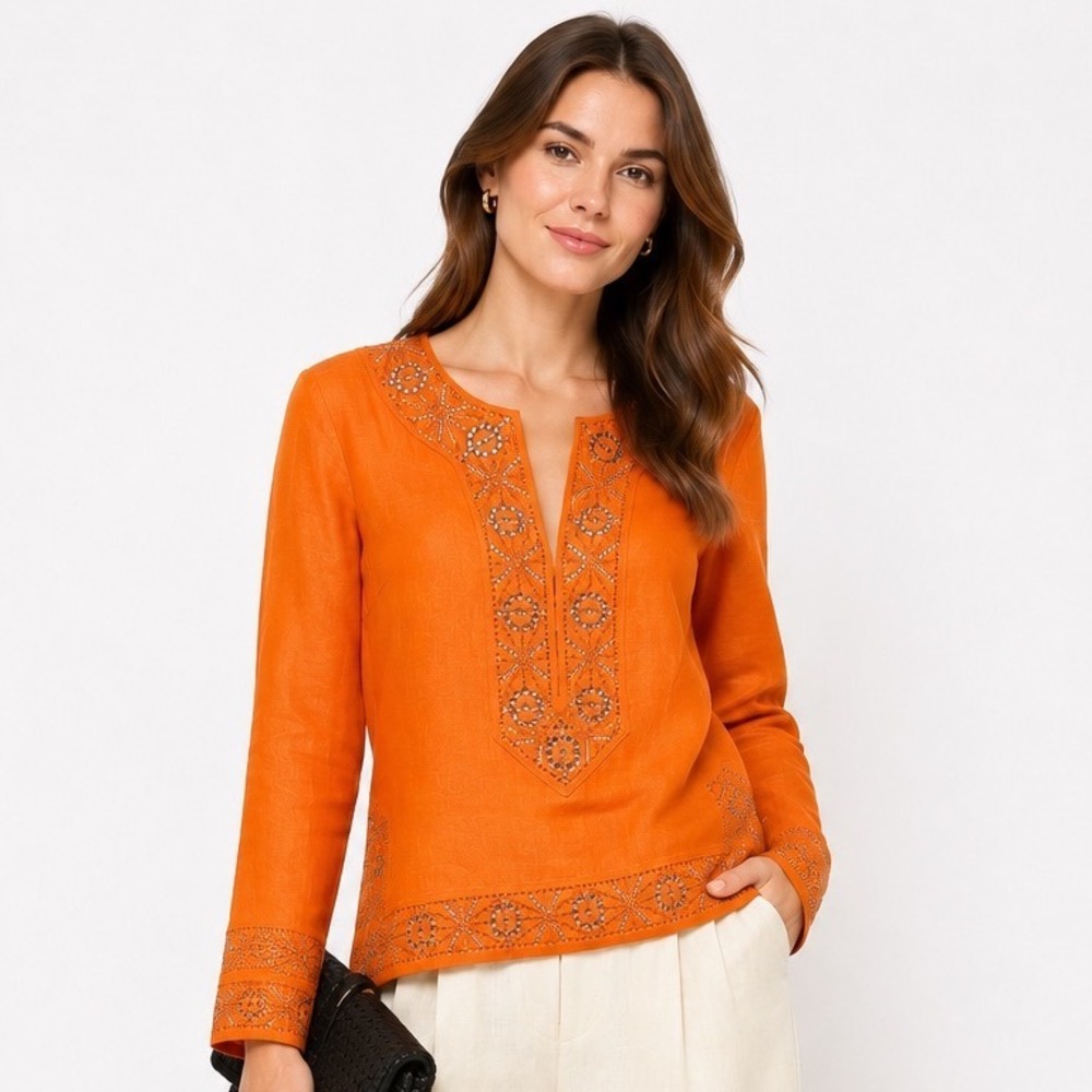 Tory Burch Orange 100% Linen Embellished Crystal Tunic‎ Top Size 8